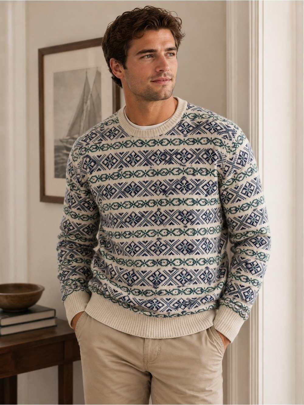 J Crew Classic Wool Crewneck Fair Isle Sweater in Cream and Navy/Green -Large